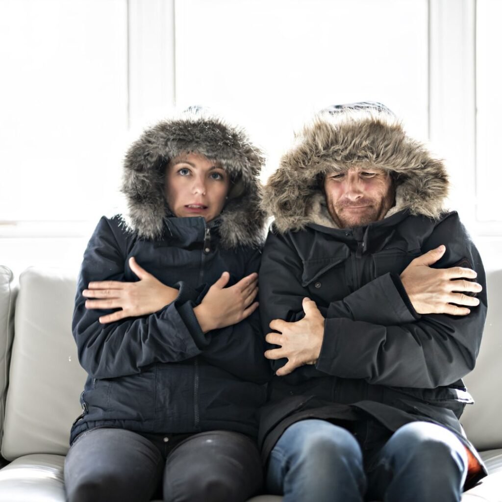 two people shivering in coats in their living room